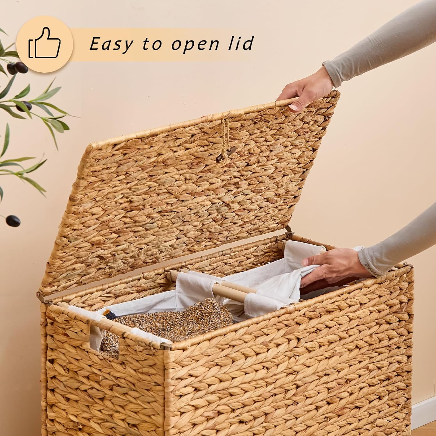 Casa Pura Furniture Handwoven Large Laundry Hamper with Lid, 2 Removable Liner Bags, Heightened Feet, Natural Hyacinth Wicker Clothes Storage Basket for Towels & Clothing