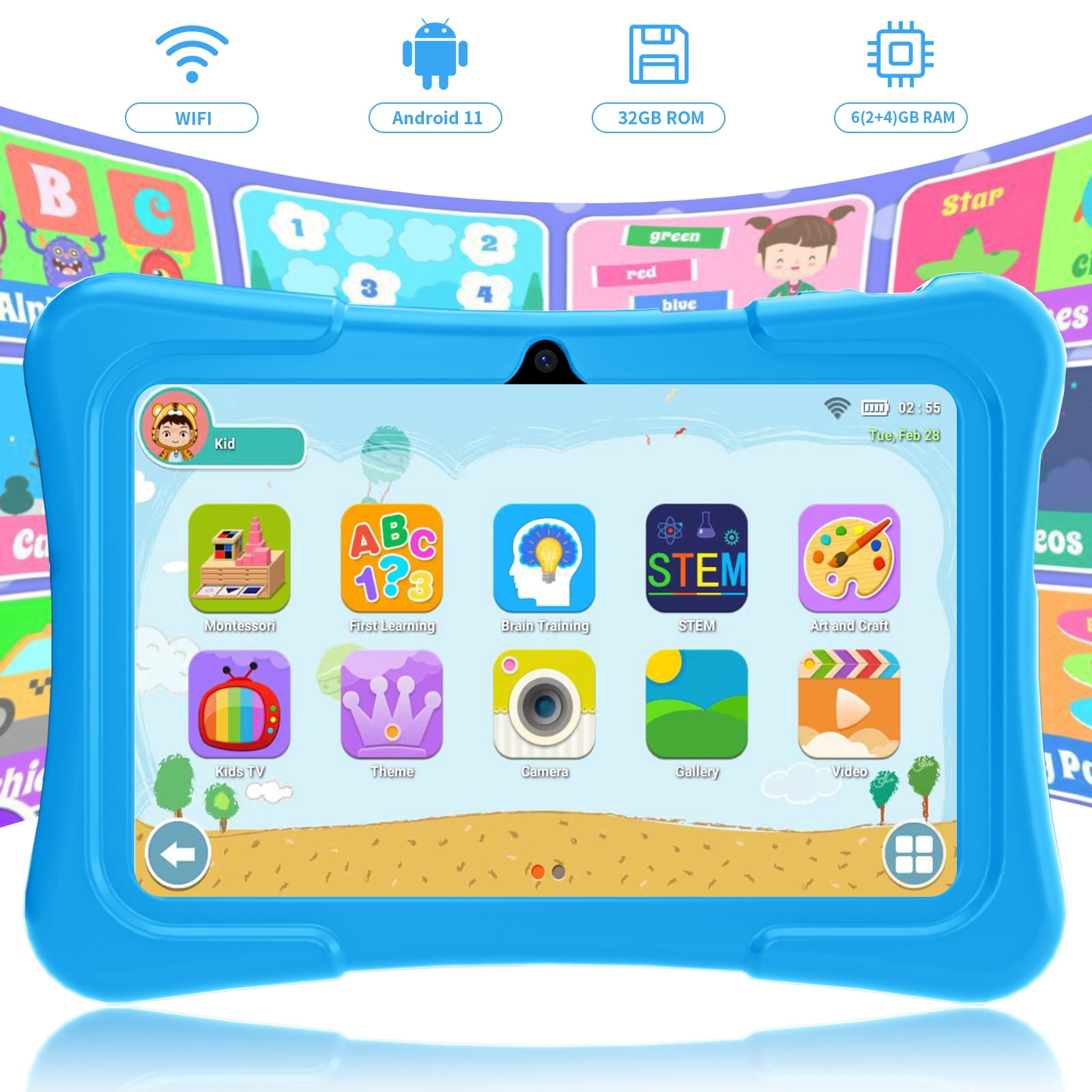EDDBNi 7" Kids Tablet，6GB RAM 32GB ROM Android Tablet Computer for Children，parental controls，Eye Protection Toddler Tablet for Ages 4-12（light blue）