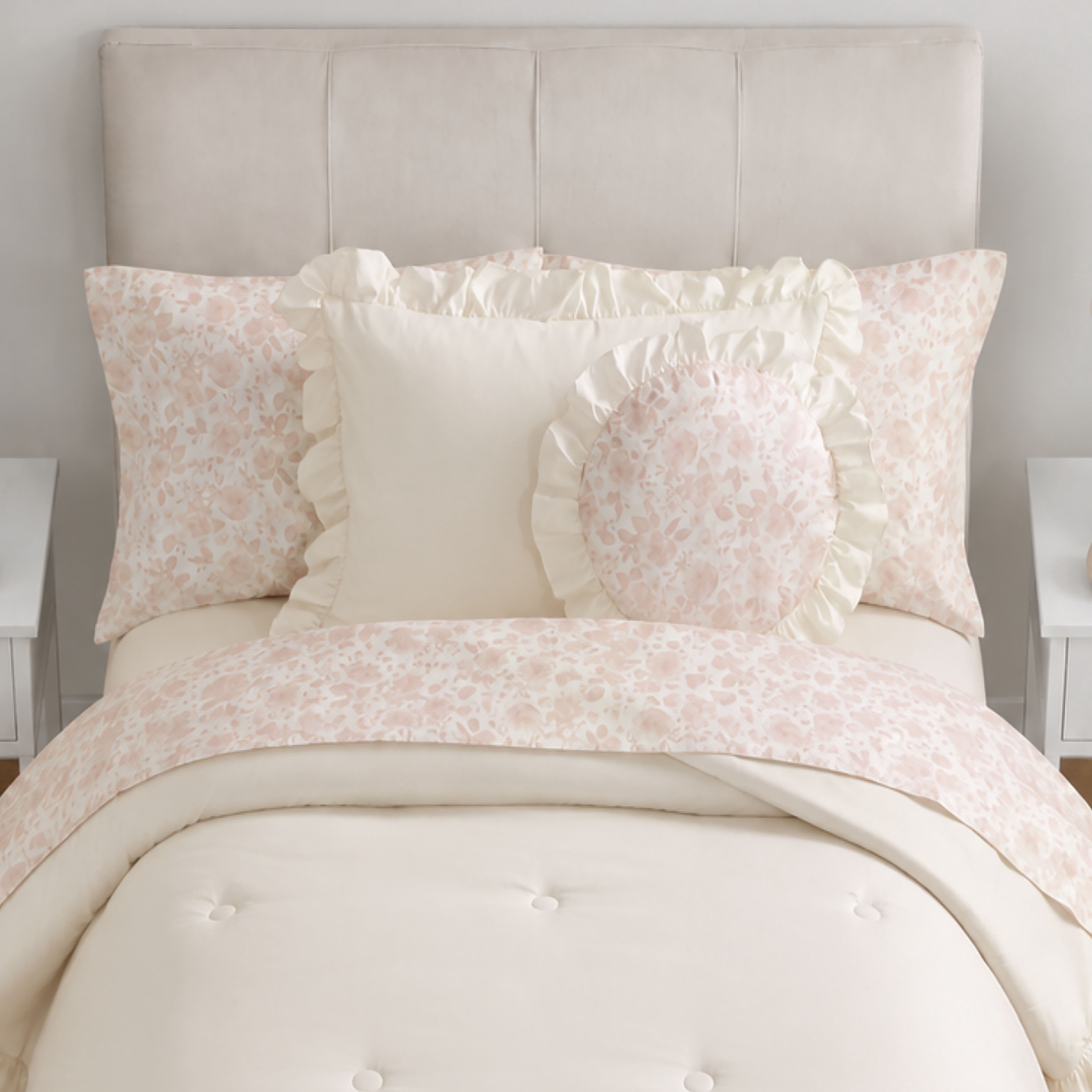 Mainstays Reversible 8-Piece Bed-in-a-Bag Comforter Set with Sheets, Cream Ruffle, Twin/Twin-XL