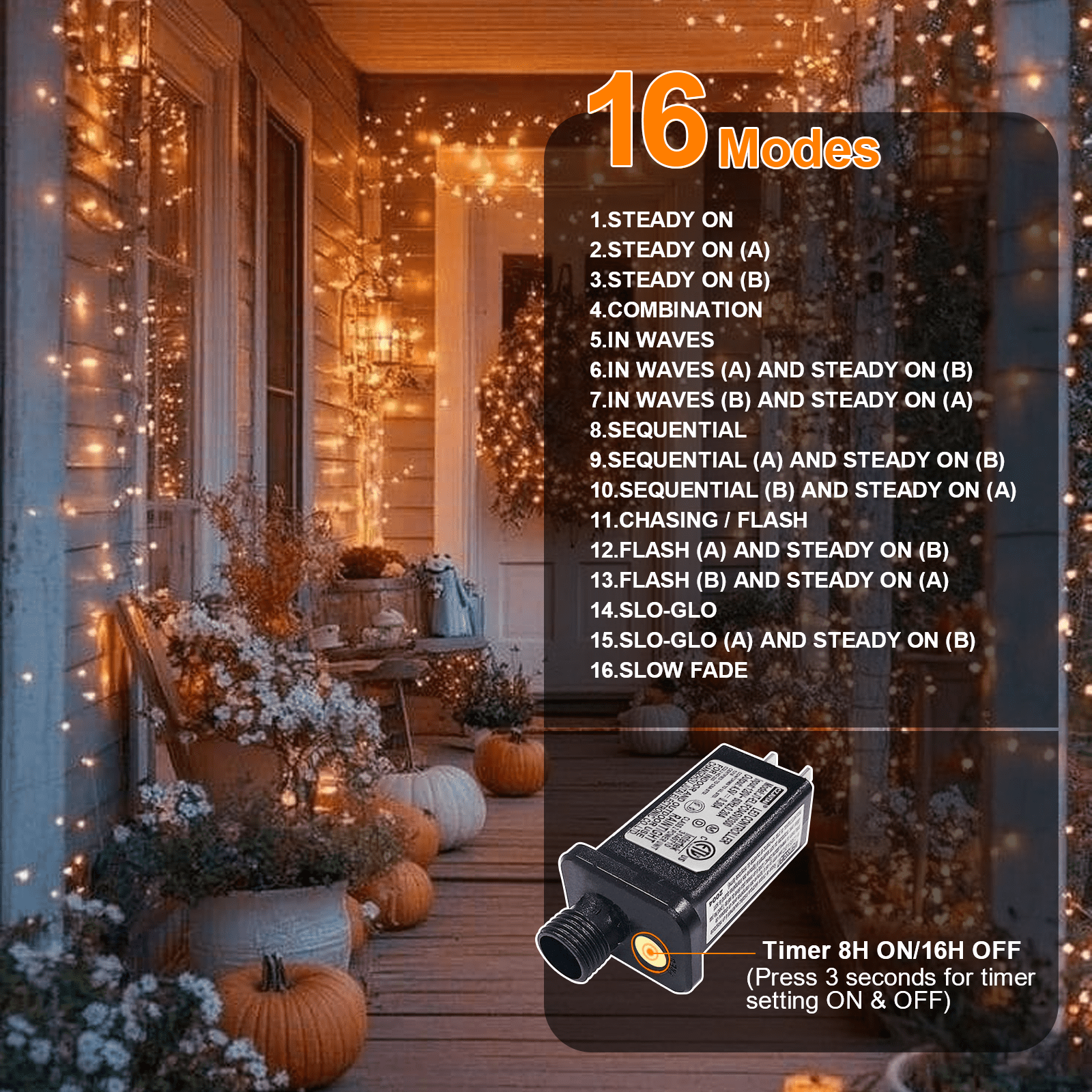LAMPHOME Halloween Orange Mini LED String Lights, 32.5FT 100LED Plug-in Fairy Lights 16 Lighting Modes, Outdoor Holiday Decor for Tree, Garland, Wreath