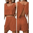 thumbnail image 3 of Womens 2 Piece Outfits Lounge Matching Sets Two Piece Linen Shorts Crop Tops Trendy Clothes Summer Orange Color M, 3 of 7