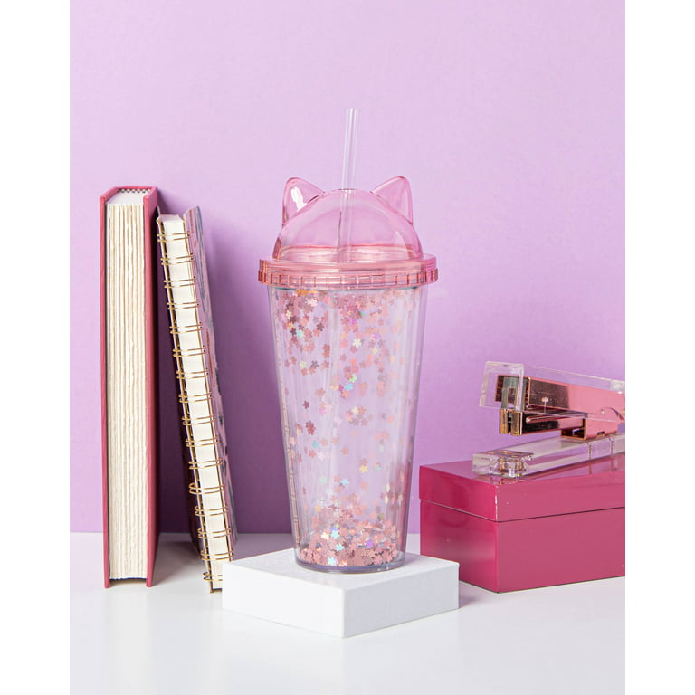 Kawaii Cute Cat Ear Tumbler Cup Water Bottle W Straw & Lid L Pink Glitter  !nside