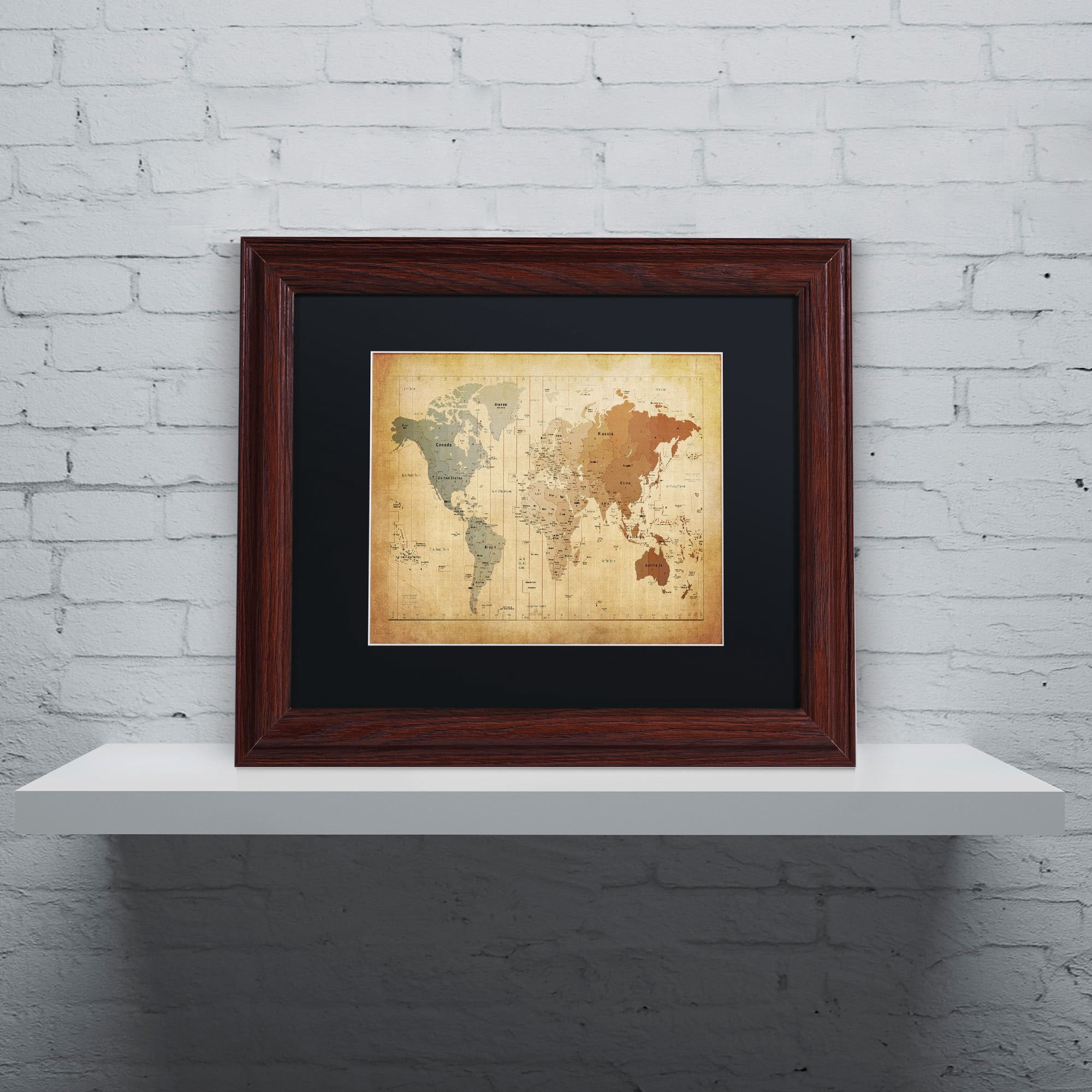 Trademark Fine Art "Time Zones Map of the World" Canvas Art by Michael Tompsett, Black Matte, Wood Frame