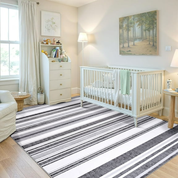 Astorug 4x6 ft Gray Machine Washable Rug Geometric Striped Low-Pile Carpet, Non-Slip Boho Design for Bedroom/Office/Kitchen