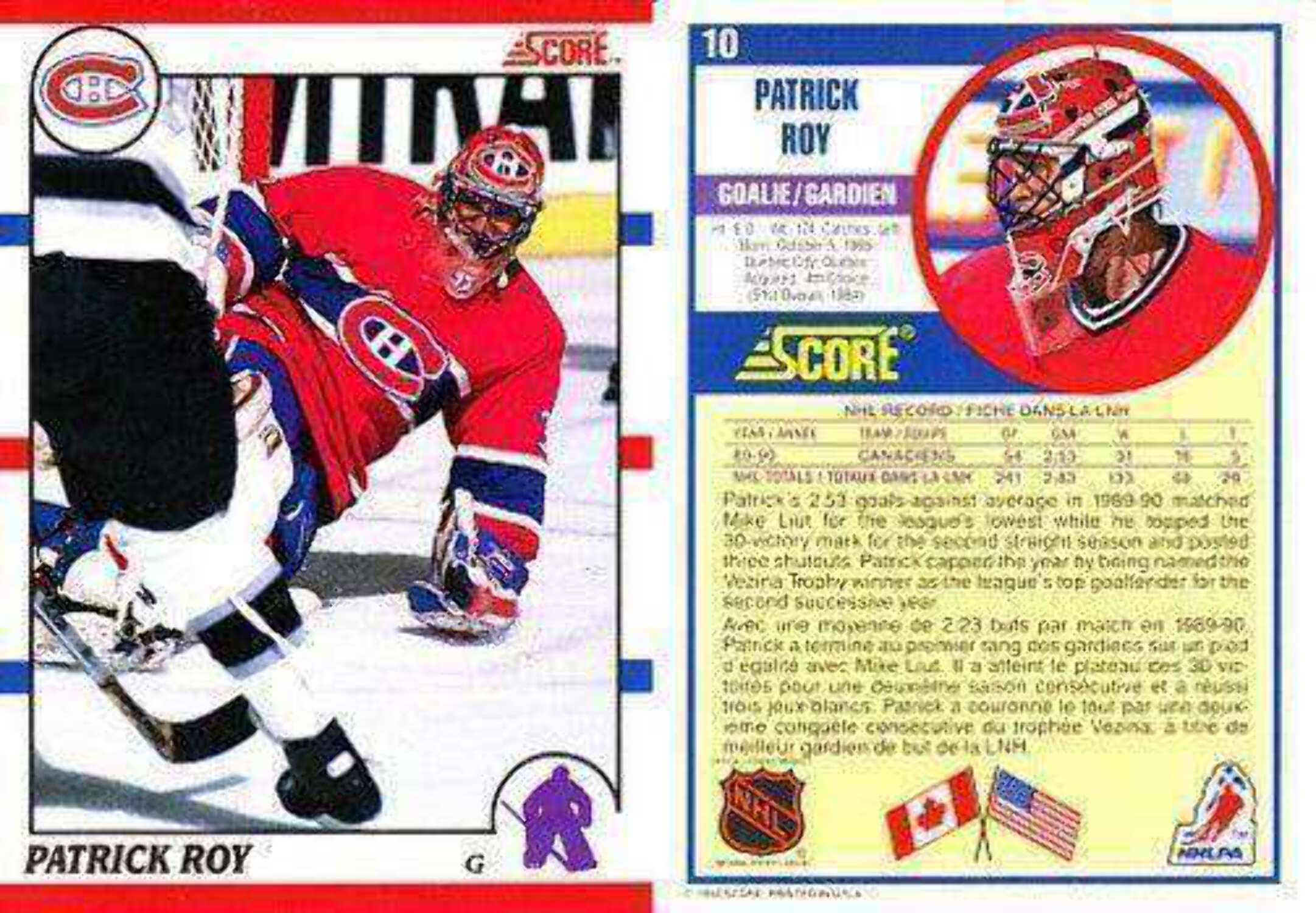 Patrick Roy 1990-91 Score Canadian hockey card 10 RARE has front photo variation
