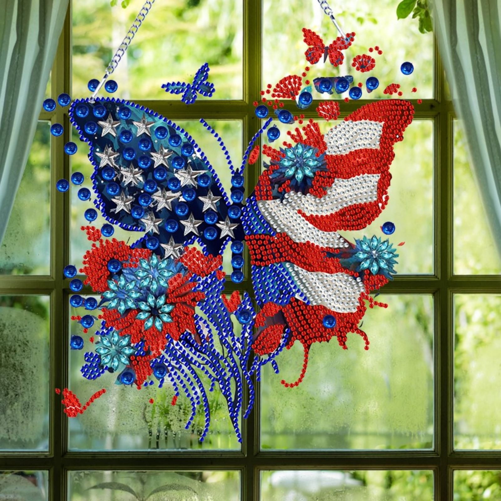FLOPESN 2PCS DIY Diamond Pendant Diamond Art Painting Independence Day USA Butterfly Creative Design PVC Home Decoration Pendant (Single Side Diamond)