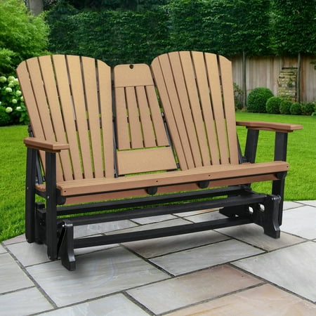 Two Seat Fan Back Glider with Drop Down Table/Cup Holder in Cedar/Black