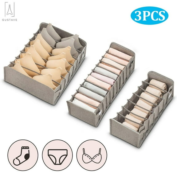 Gustave Set of 3 Foldable Drawer Dividers, Fabric Storage Boxes, Closet Organizers, Under Bed Organizer, for Clothing Underwear Bra Socks and Ties (Gray)