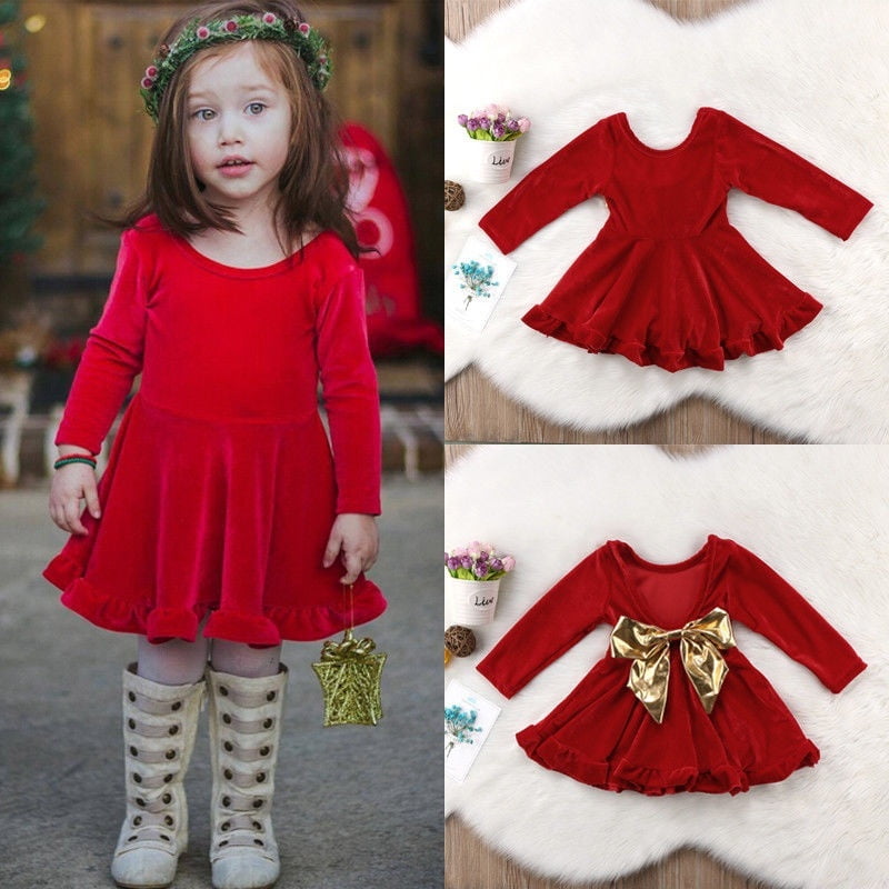 Christmas Dresses for Girls Long Sleeve Bowknot Princess Christmas Costumes for Toddler Girls