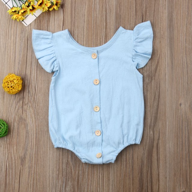 Sylvamorning Baby Girl Ruffled Flying Sleeve Bodysuit Solid Color Button Romper