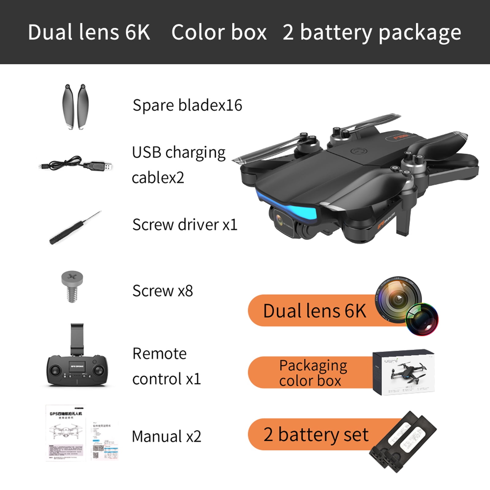 DEMi F188 Drone with 6K Wide-angle Dual Camera for Adults, GPS Auto Return Home, Brushless Foldable Remote Control, Gesture Photo Video, 5G Wifi FPV Quadcopter with 2 Batteries and Carrying Case