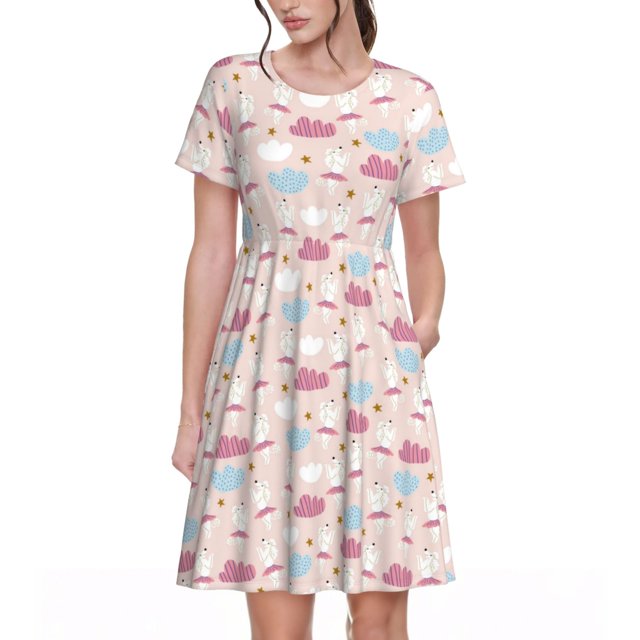 Honeii Robe à Manches Courtes pour Femmes avec Imprimé Dansant et Caniche, Robe Décontractée Confortable, Mélange de Polyester Spandex Doux, Tenue Quotidienne Élégante pour l'Été, Parfaite pour les Voyages et les Vacances