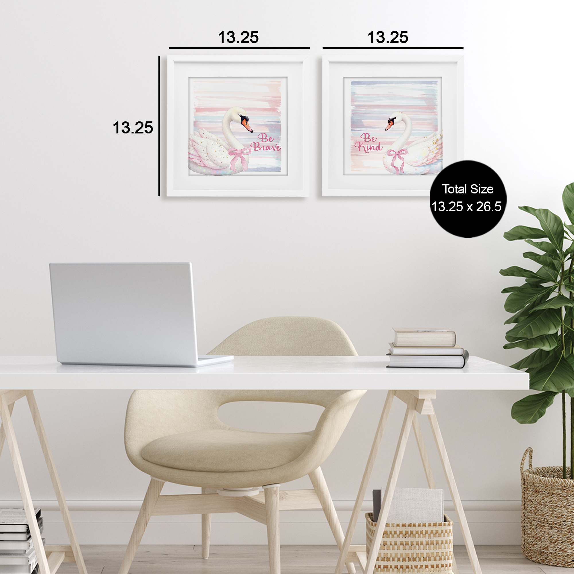 Be Brave & Kind Pastel Swan 2 Piece White Framed Print Under Glass Set, design by Kim Allen