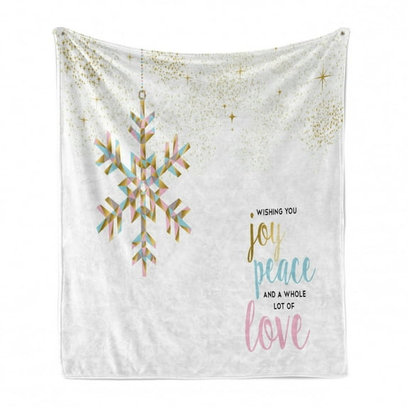 Joy Soft Flannel Fleece Throw Blanket, Christmas Pattern with Polygonal Snowflake with Peace Love Words Ornate, Cozy Plush for Indoor and Outdoor Use, 50" x 60", Baby Pink Pale Blue, by Ambesonne