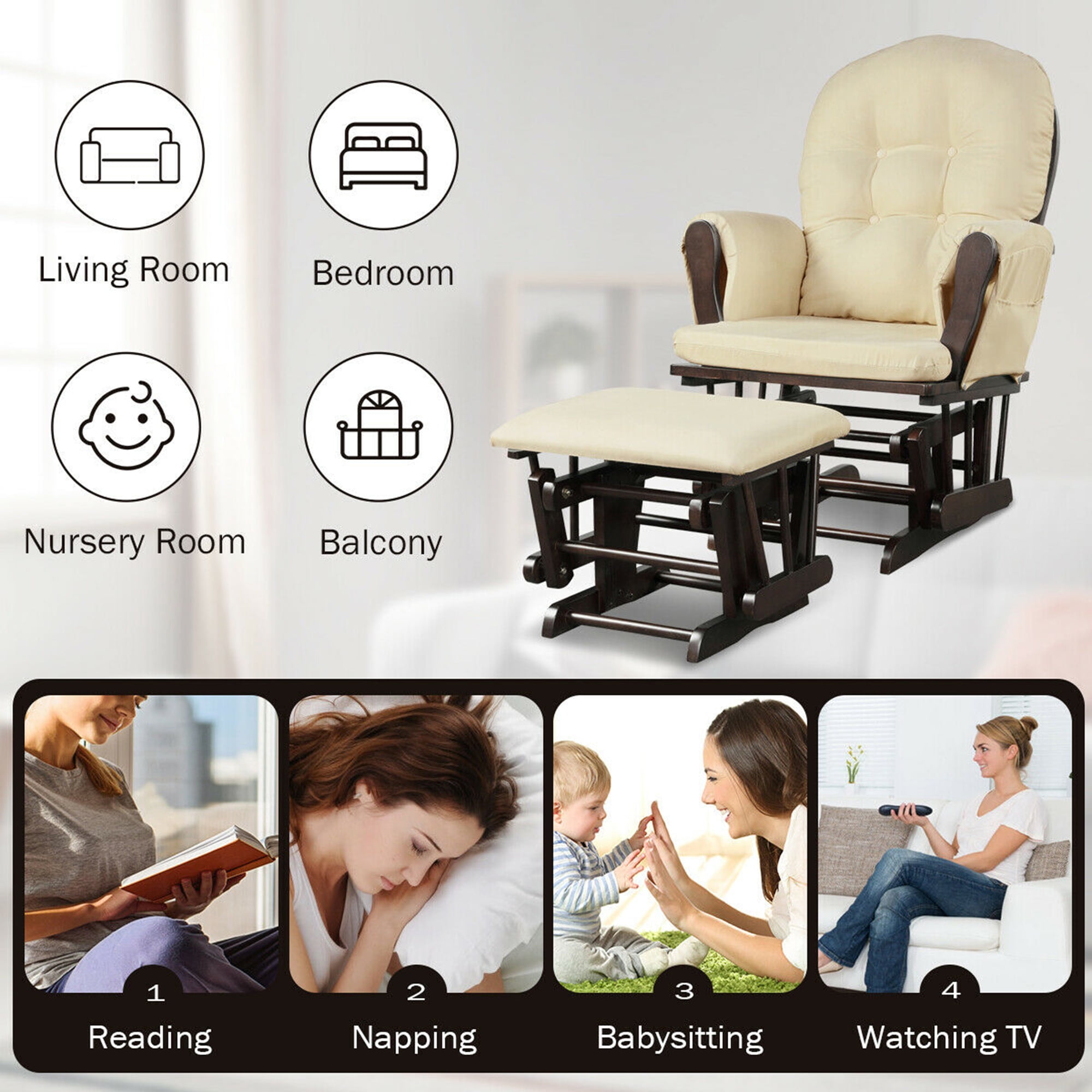 Gymax Wood Baby Nursery Rocking Chair Glider and Ottoman Cushion Set Espresso Finish with Beige Cushions