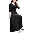 thumbnail image 3 of HIMONE Women’s Retro Velvet Maxi Dress V Neck 3/4 Sleeve Pleated Elegant Evening Party Formal Dresses Cocktail Party Empire Waist Plain Dress, 3 of 5