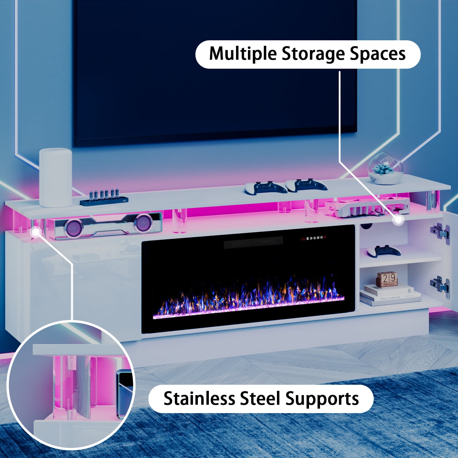 Waleaf 70" Fireplace TV Stand with Glowing Acrylic Pillars, 36" Electric Fireplace for TVs Up to 80", High Gloss Entertainment Center with 20-Color LED Lights, White