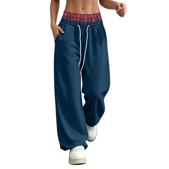 Nfurl Womens Barrel Sweatpants High Waisted Wide Leg Sweatpant for Women Drawstring Elastic Waist Baggy Pants Open Bottom Casual Sweat Pants Navy,M