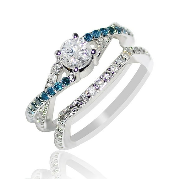 1.1cttw w Blue and White Diamond Bridal Rings Set 10K White Gold 1/2cttw center(1.1cttw)
