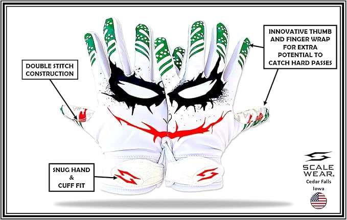 Joker Jester Football Receiver Gloves - Pro Grip Sticky Palms Elite Football Gloves Youth Adult Men Kids Boys Small Medium Large XL XXL Tacky White Jester (Youth - Medium)