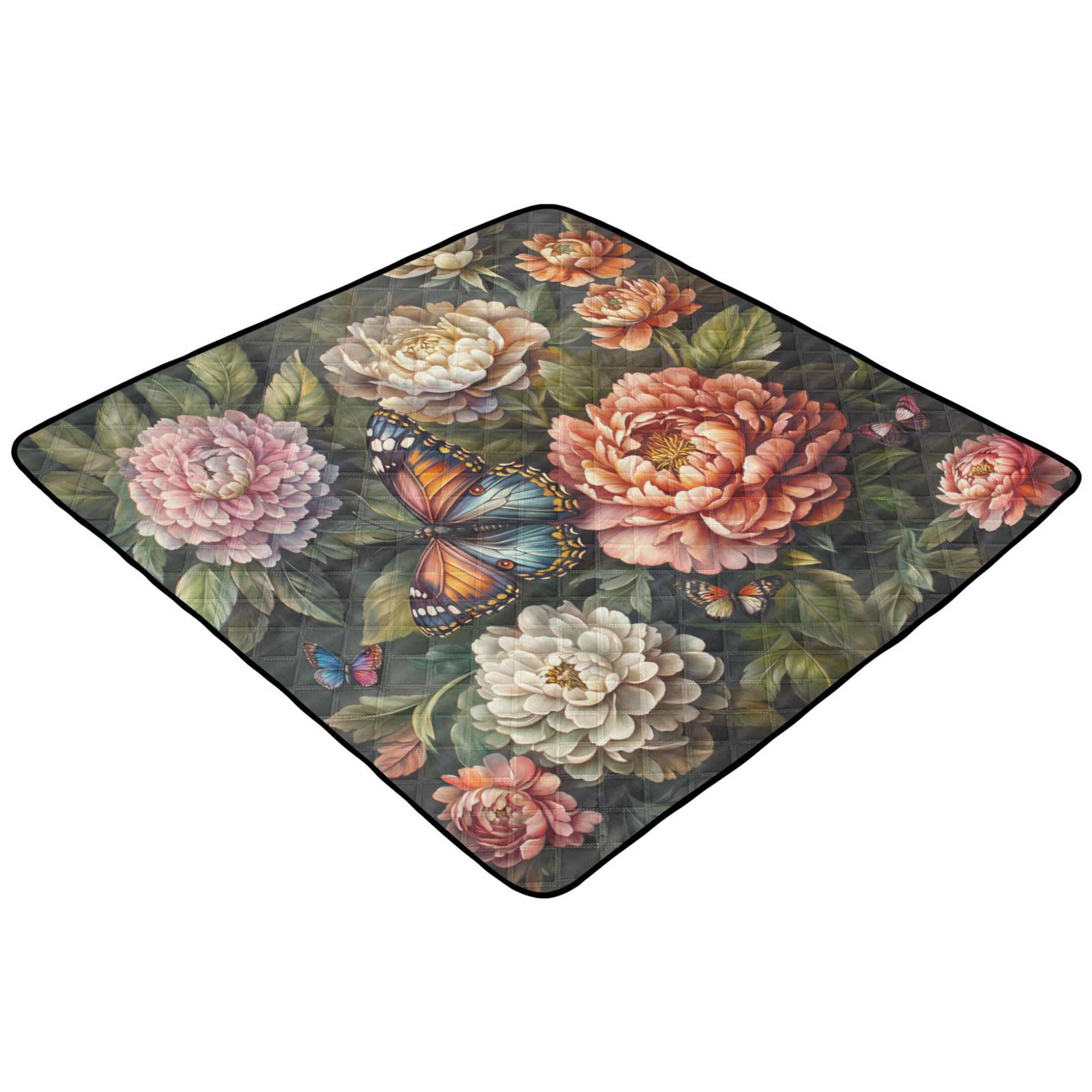 WOBOGO Peony Butterfly Painting Baby Playmats Extra Large Waterproof Rollable Activity Pads for Toddlers 50×50inch