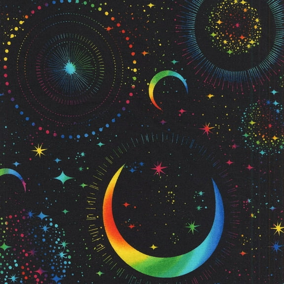 Cotton Rainbow Moons and Stars Space Galaxy Night Sky Hoot Rocks Multi-Color on Black Cotton Fabric Print by the Yard (FUN-C7431-BLACK)