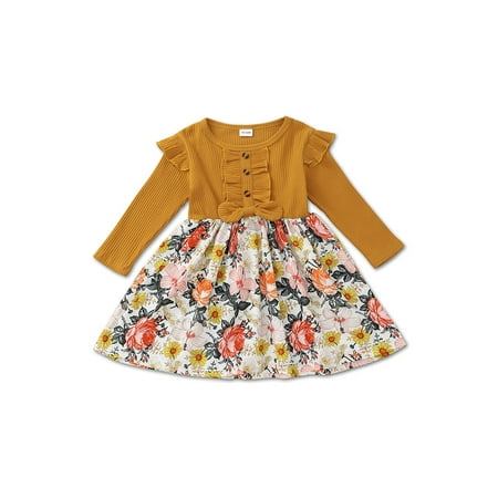 

Fanvereka Kids Summer Dress Ribbed Floral Stitching Long Sleeves Ruffled Skirt