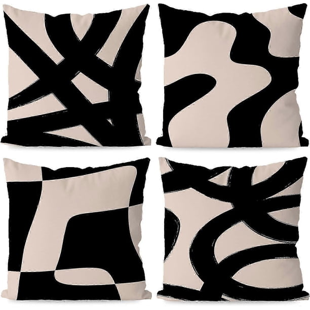 Set of 4 Black and Beige Throw Pillow Covers, Black Throw Pillow Covers for Couch, Black Boho Pillow Covers 18 x 18 , Modern Abstract Decorative Couc