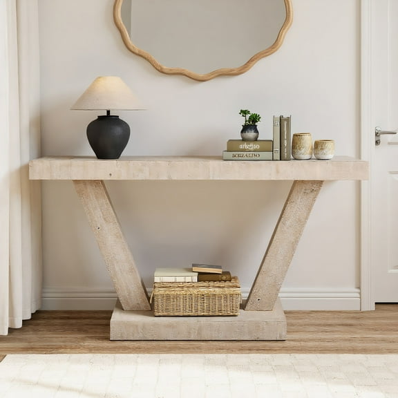 Resenkos 60" Vintage Distressed Wood Entryway Bench with 2-Tier Solid Wood Veneer Storage Cabinet, for Living Room & Behind Sofa, Antique Natural