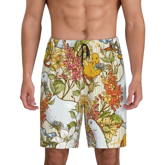 Balery Ducks and Flowers Pantalones cortos de pijama de punto de algodón para hombre con cinturilla y bolsillos-Small