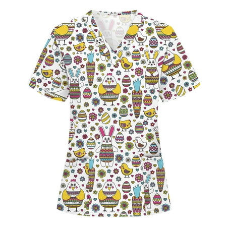 

Women Easter Scrub_Tops Nurse Working Uniforms Bunny Print V Neck Short Sleeve Scrub_Shirts Workwear Tee Shirt