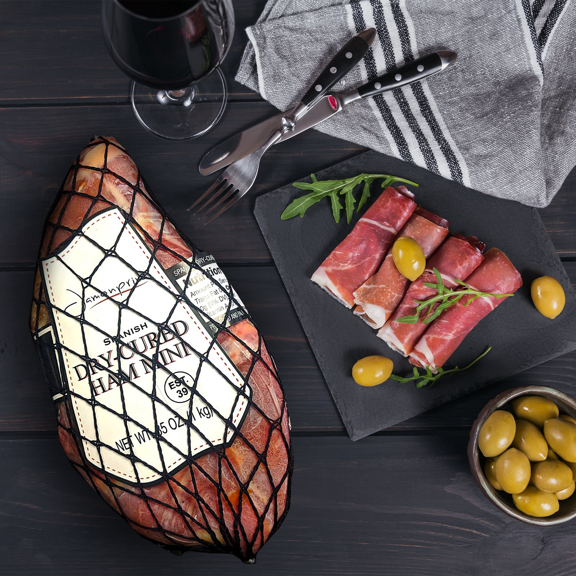 Jamonprive Spanish Serrano Ham Boneless+Ham Stand & Knife Serving Size 123g Protein per Serving 100g