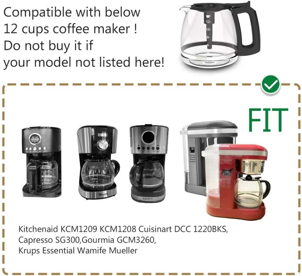Coffee Machine Glass Carafe, 12Cup Coffee Pot, Compatible with KitchenAid KCM1209 KCM1208, Cuisinart DCC 1220BKS, Capresso SG300, Gourmia GCM3260, Krups Essential,Wamife &Mueller Coffee Makers