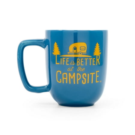 Camco Life Is Better at The Campsite, Blue and Gold Retro RV Trailer Logo Ceramic Coffee Mug - Great for Camping and Outdoors, Microwave and Dishwasher Safe