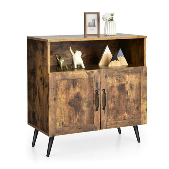 Rustic Brown Wooden Storage Cabinet with Wine Glass Holders - 30" x 16" x 31" - Living Room, Kitchen, Bedroom - 2 Door Cabinet