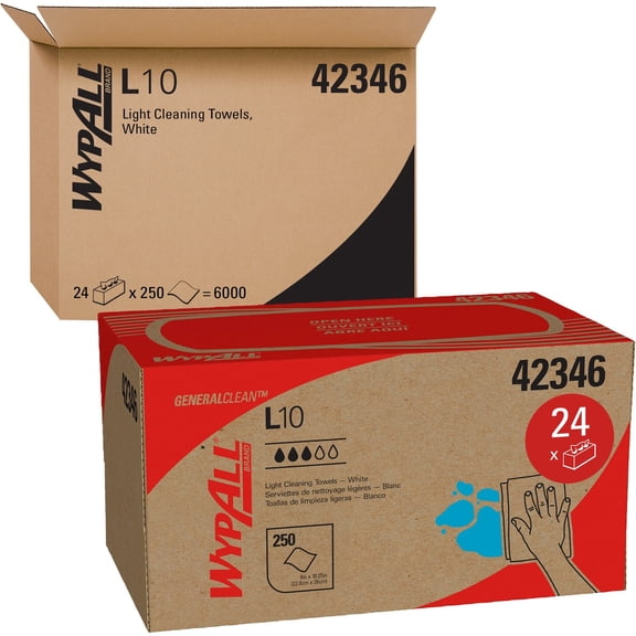 WypAll L10 Towels, POP-UP Box, 1-Ply, 10 1/4 x 9, White, 250/Box (42346)
