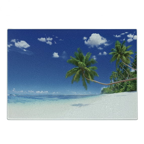 Ocean Cutting Board, Coastline Seascape Lagoon with Palm Leaf and Clouds Freedom Holiday Idyllic, Decorative Tempered Glass Cutting and Serving Board, Small Size, White Blue Green, by Ambesonne