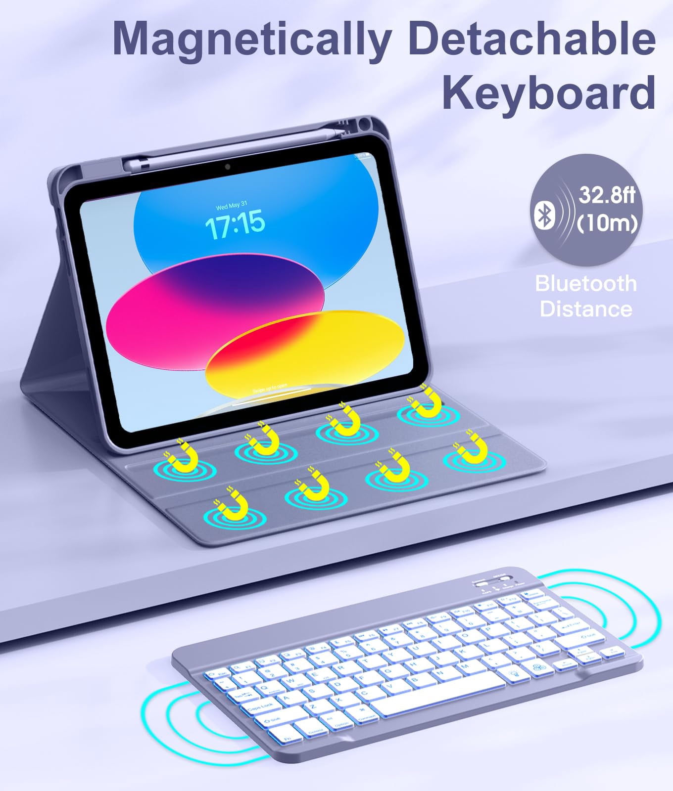 GEAK for iPad A16 11th 10th Generation Case with Keyboard, 7 Colors Backlit Detachable Wireless Keyboard Case with Pencil Holder for iPad 11th Gen 11 Inch 2025 & 10th Gen 10.9 Inch 2022