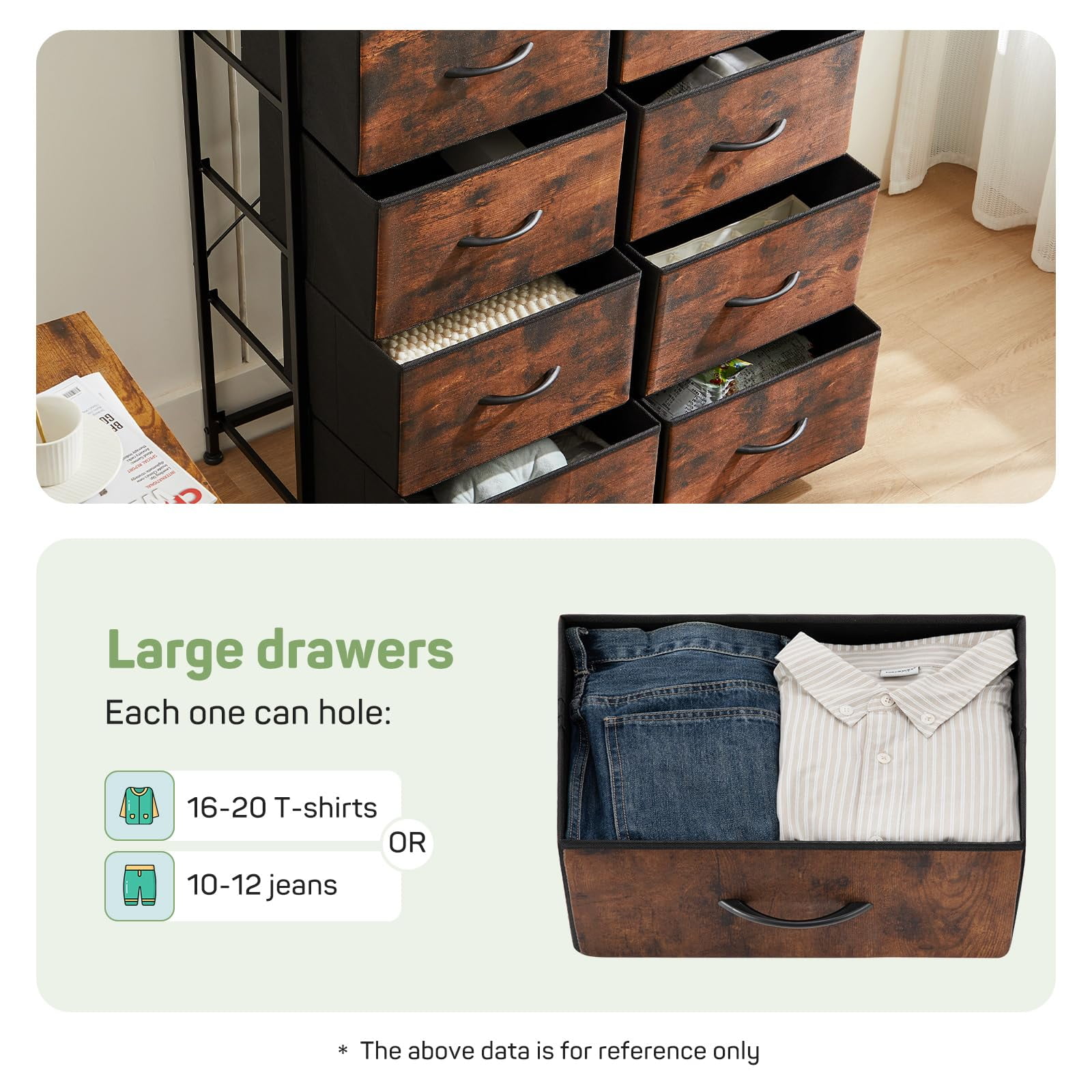 Bigleap 10 Drawer Dresser Organizer Storage Drawers, Chest of Drawers with Fabric Bin for Bedroom, Closet, Entryway,Brown