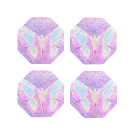 

KLL Drink Coasters Set Octagon of 4 PU Leather Absorbent Coasters Set Decorative Coffee Cup Coasters Housewarming Gift for Home Decor-Purple Sparkling Butterfly