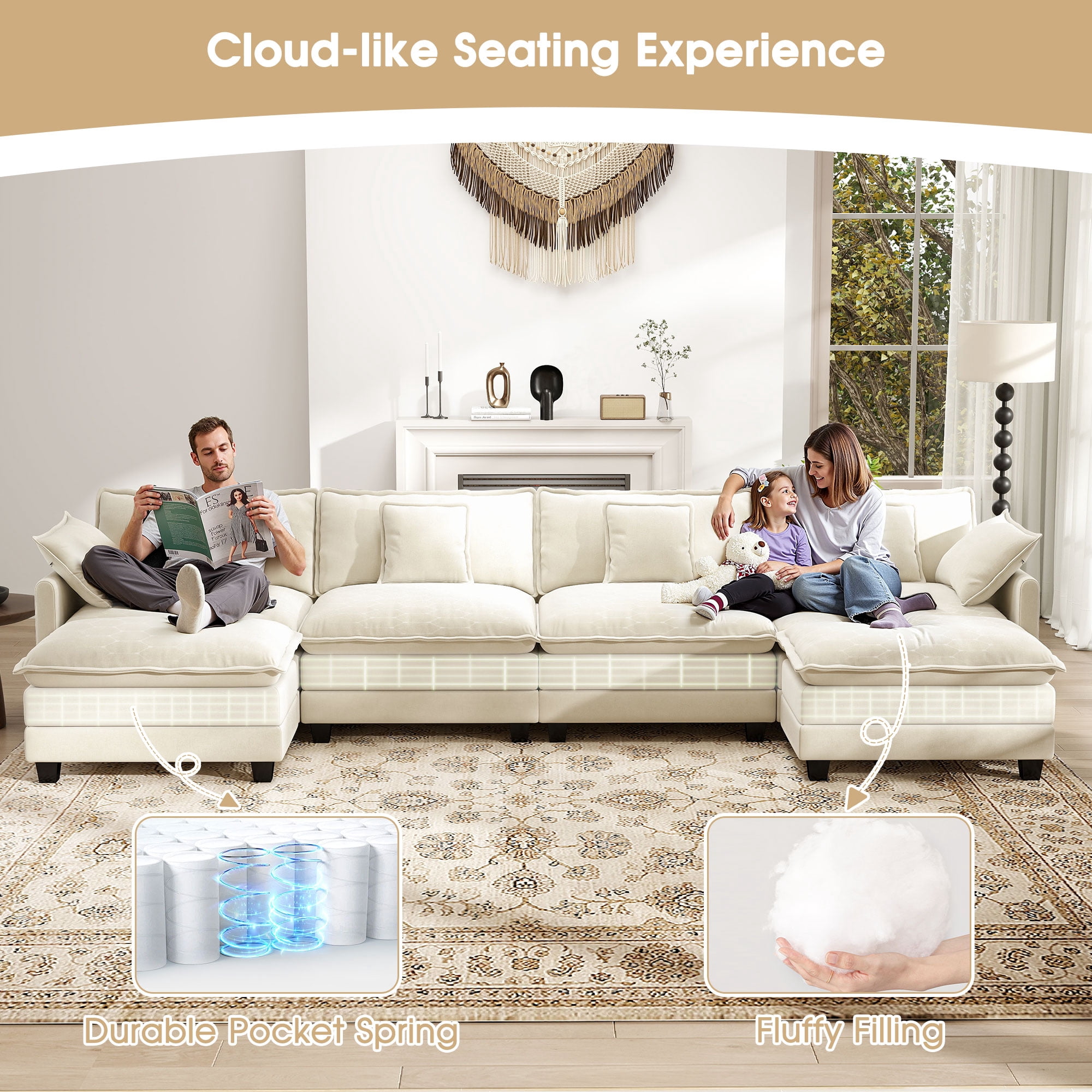 BedLuxury 146.5'' U shape Modular Sectional Sofa with Movable Ottomans, Modern Chenille Deep Seat Couches for Living Room, Apartment, Office, 4-Seat, Beige
