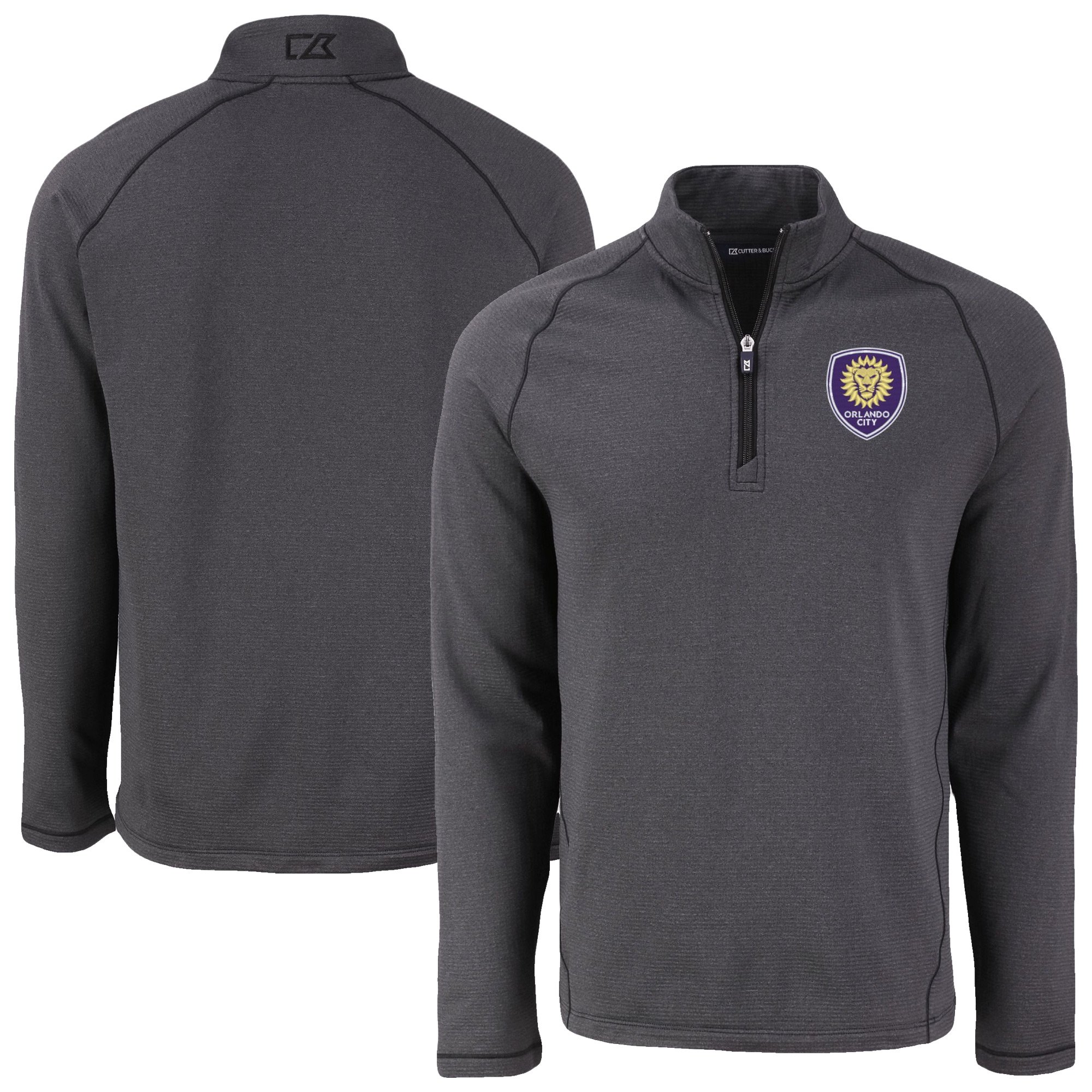 Men's-Cutter & Buck Heather Black Orlando City SC Peshastin Eco Fleece Recycled Raglan Half-Zip Top