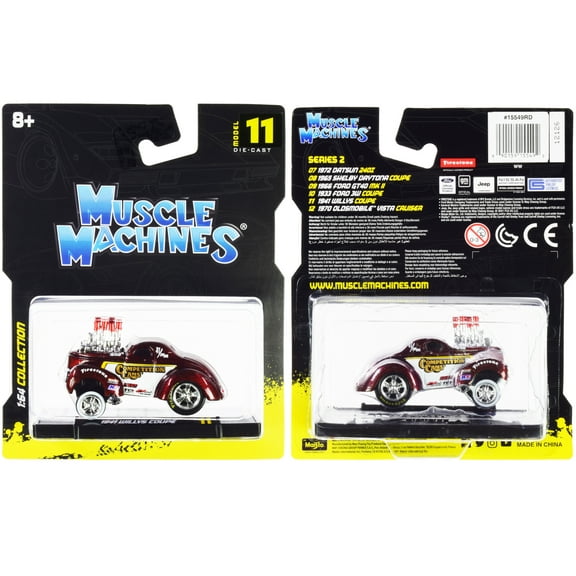 1941 Willys Coupe Gasser "Competition Cams" Red Metallic and White 1/64 Diecast Model Car by Muscle Machines