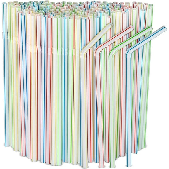 300 Pack Flexible Drinking Straws, Plastic Straws Disposable Striped Straws BPA Free, Perfect for Parties/Bar/Beverage Shops/Home Straws for Kids and Adults