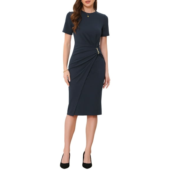 INSPIRE CHIC Work Dresses for Women Crew Neck Short Sleeve Business Office Sheath Wrap Dress 2025 XS Royal Blue
