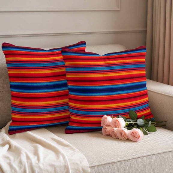 Outdoor Pillow Covers Set of 2, Red Blue Mexican Stripe Decorative Throw Pillow Covers 18X18IN, Native American Geometric Line Throw Pillows Protector Cushion Case for Patio,Couch,Sofa,Garden