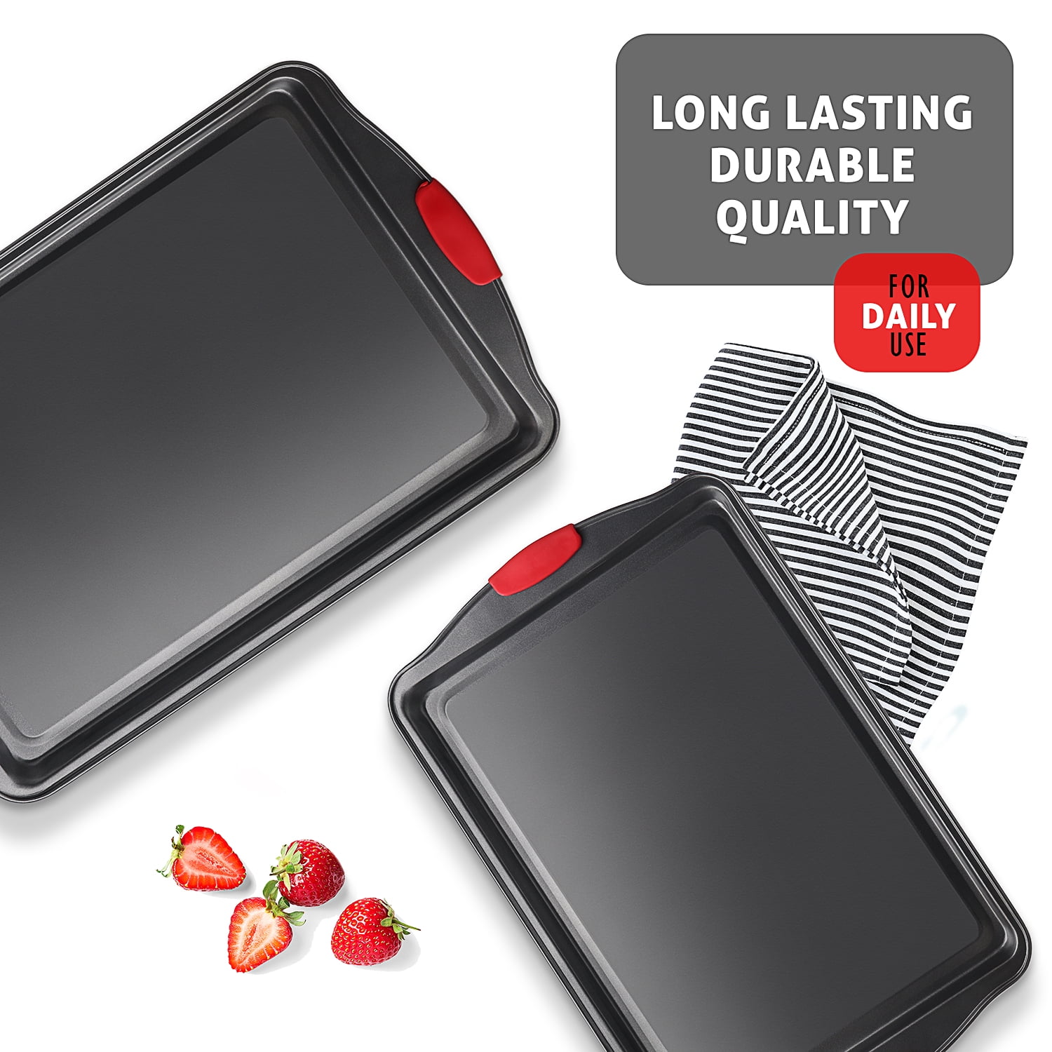 LammaLoe Baking Pans Carbon Steel, Non Stick Cookie Sheet Set with Silicone Handle, Baking Sheet, 2 Large Pieces, Black