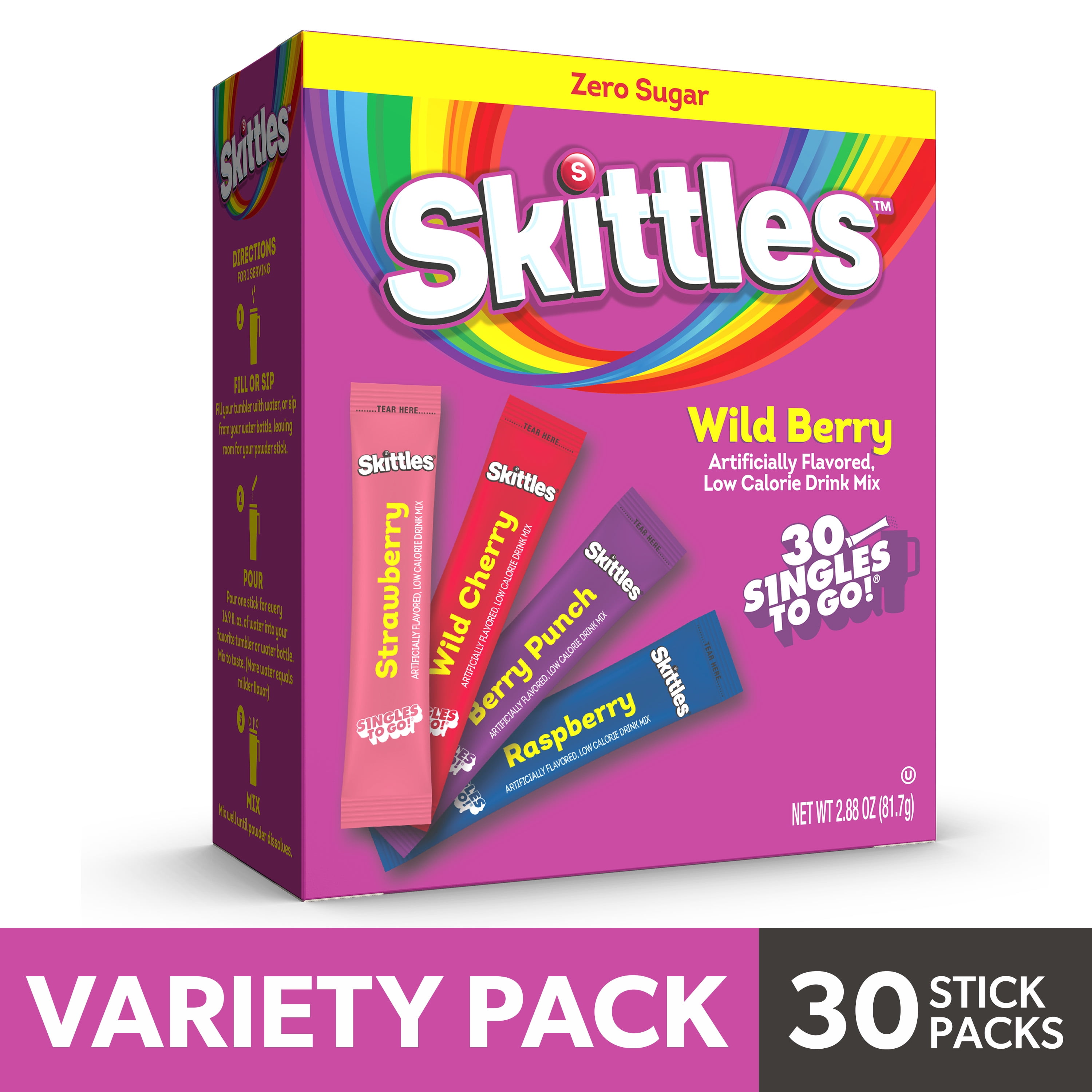 (3 pack) Skittles Zero Sugar Wild Berry Singles-to-Go Packs, Powdered Drink Mix, 2.88 oz, 30 Count Packets