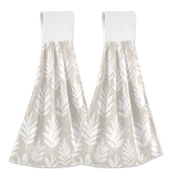 Haosy 2 Pack Kitchen Wash Cloths with Hanging Loops Absorbent Absorbent Quick Drying Hand Towels, White Bohemian Leaves