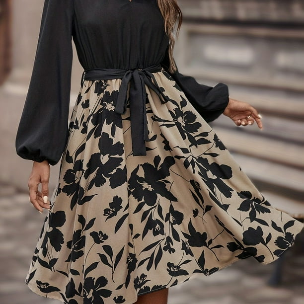 Vestido Camisero Casa de los Tesoros Estampado floral Con Cuello en V Y Mangas de Linterna Primavera verano